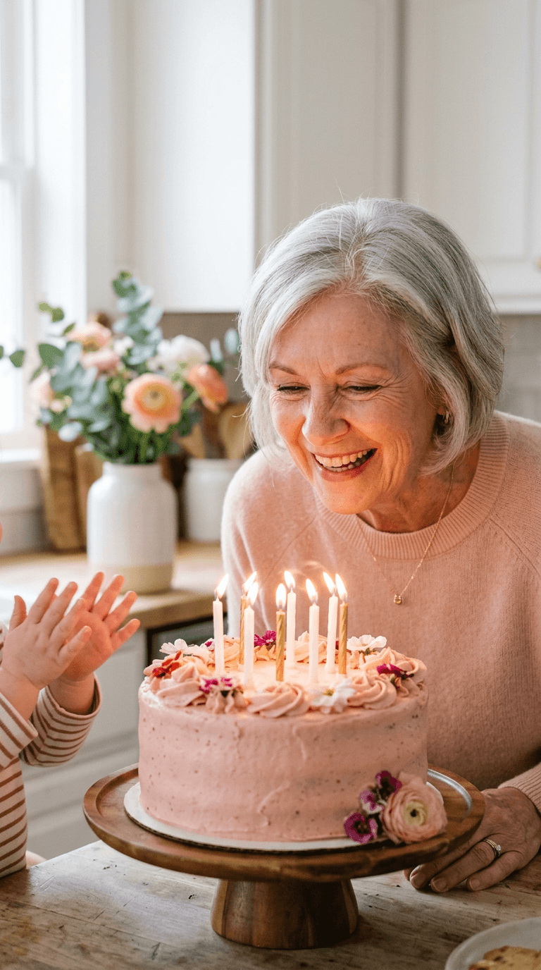 A silver-haired woman blowing out the candles on her milestone birthday cake