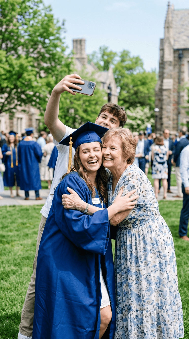 Graduation caps tossed high against a bright blue sky
