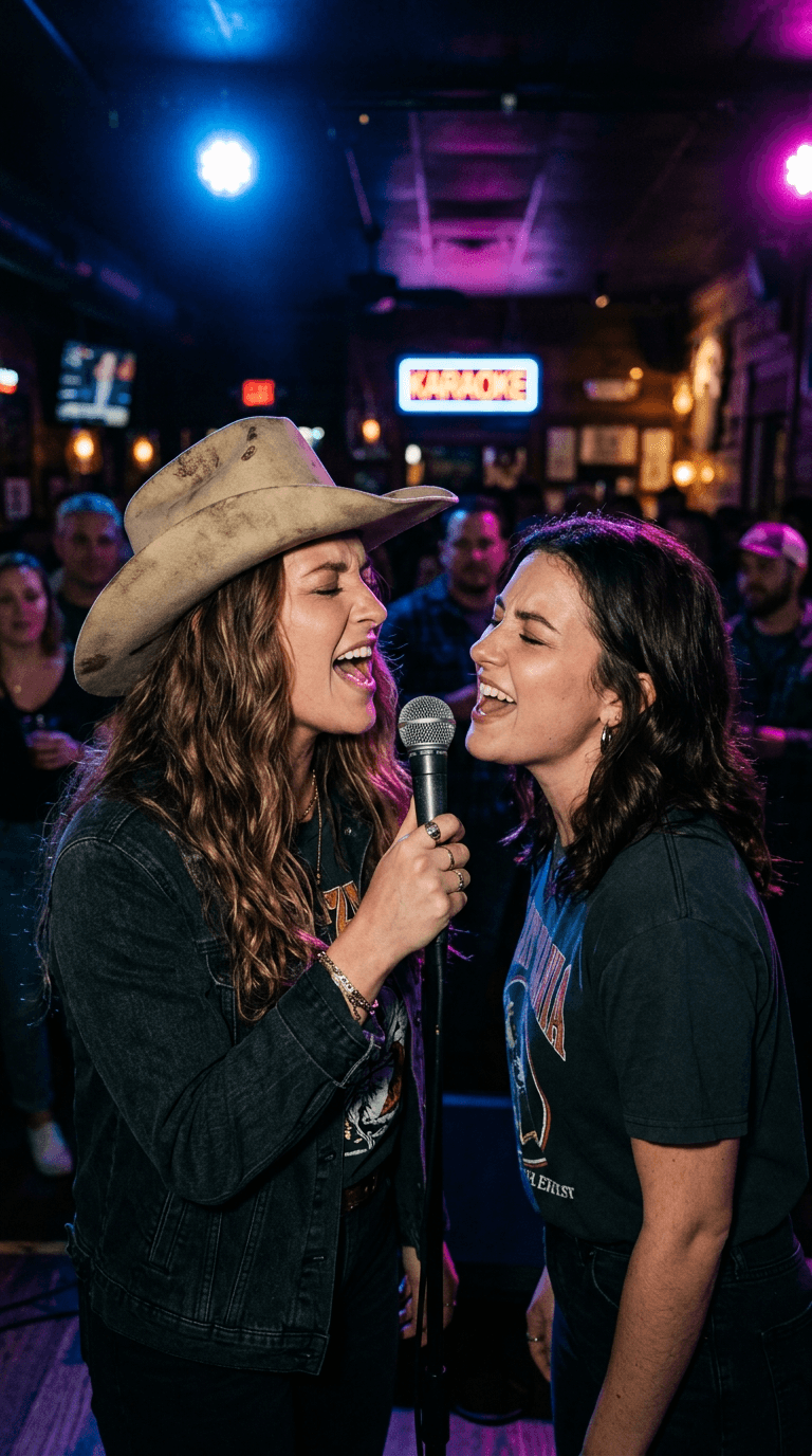 Two friends singing into one microphone under blue and pink neon in Nashville