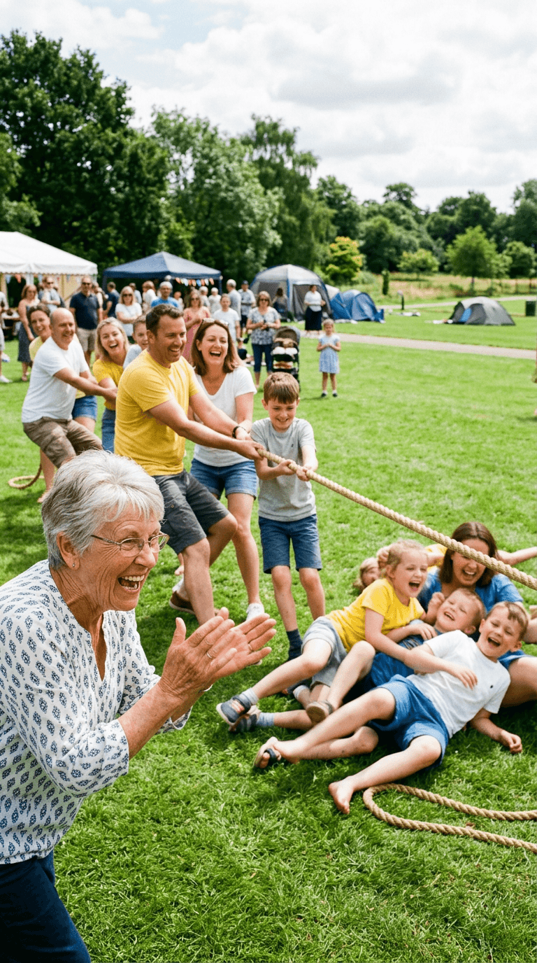 A multigenerational family playing tug-of-war on a green lawn at a reunion