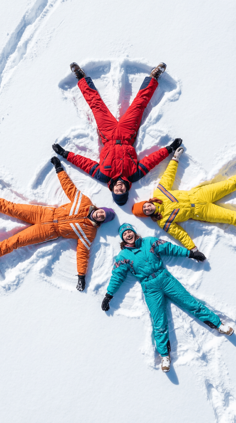 Friends in colorful ski suits making snow angels, seen from above