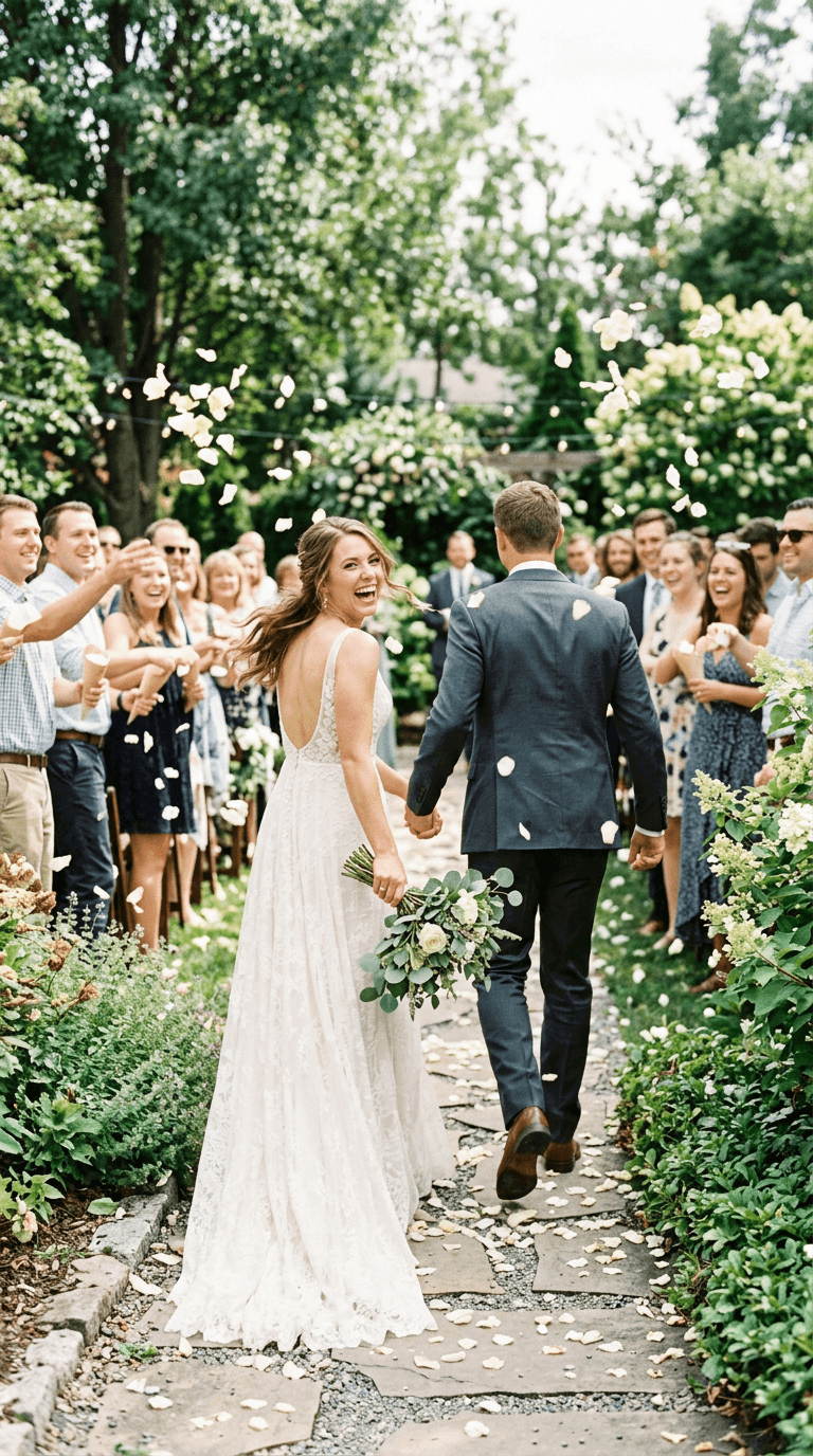 Newlyweds running down a garden aisle as guests toss petals