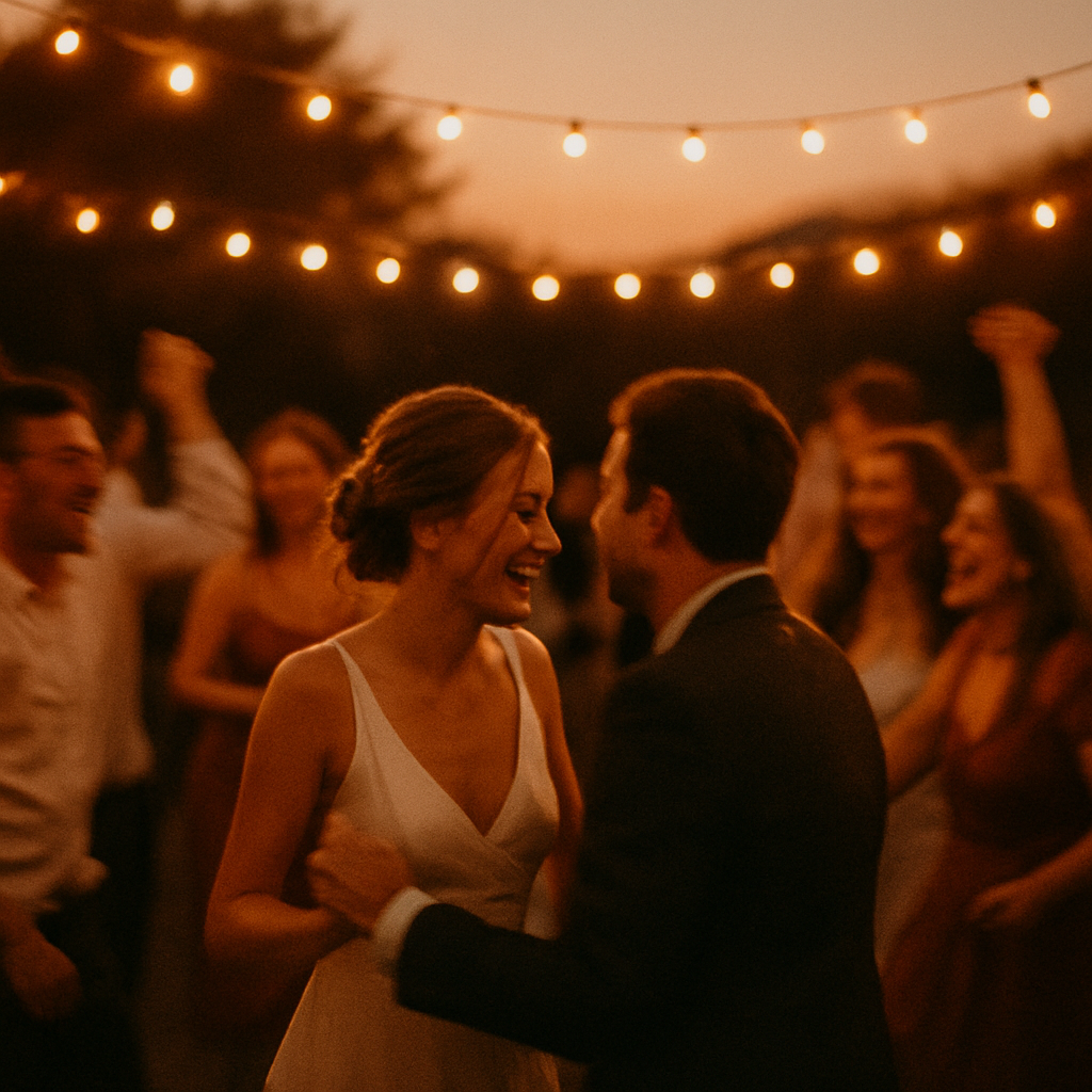 Guests celebrating on a dance floor at dusk under warm string lights