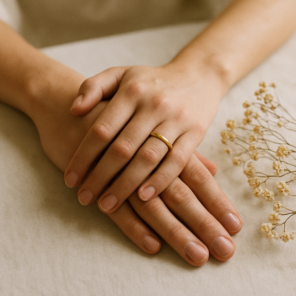 Two hands resting together on linen, wearing simple gold wedding rings